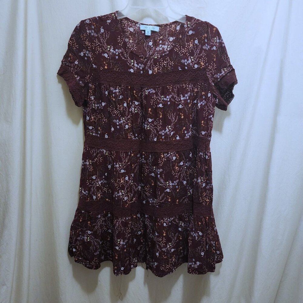 She‎ + Sky Burgundy Floral Crochet Tiered Lined Dress Size M